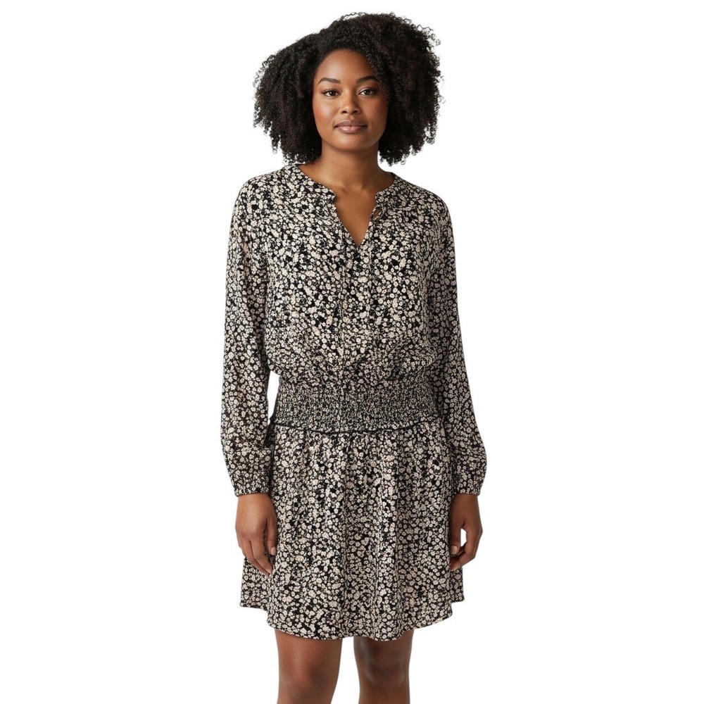 Perfectly Priscilla Black Cream Floral Smocked‎ Mini Dress Cottagecore 1XL NEW